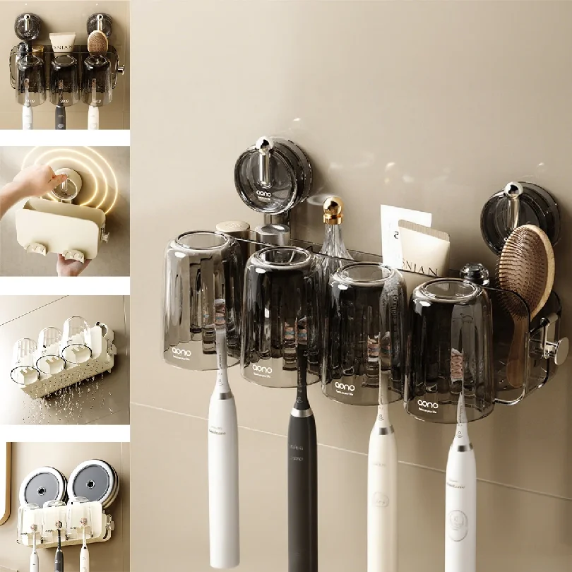 No-Drill Vacuum Suction cup Toothbrush Organizer with Rinsing Cup & Toothpaste Holder Waterproof Wall-mounted Bathroom Organizer