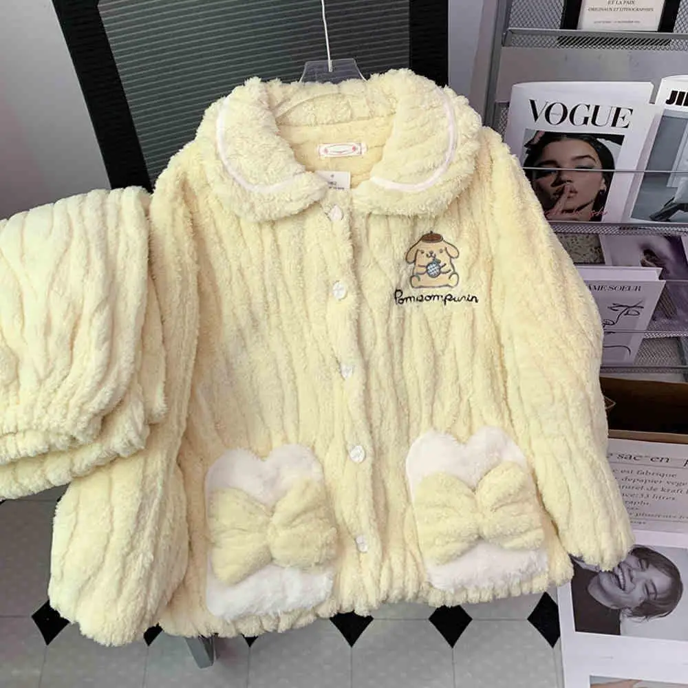 

Женский плюшевый пижамный комплект с помпонами из мультфильма «My Melody», аниме Kawaii, коралловый флис, домашняя одежда, милая утепленная ночная рубашка для девочек, топы, брюки