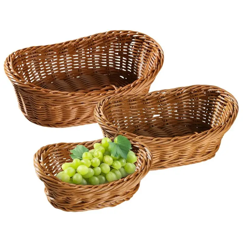 

Woven Bread Baskets 3X Snack Storage Containers Imitation Rattan Basket For Fruit Bread Vegetable Towel Home Restaurant Outdoor