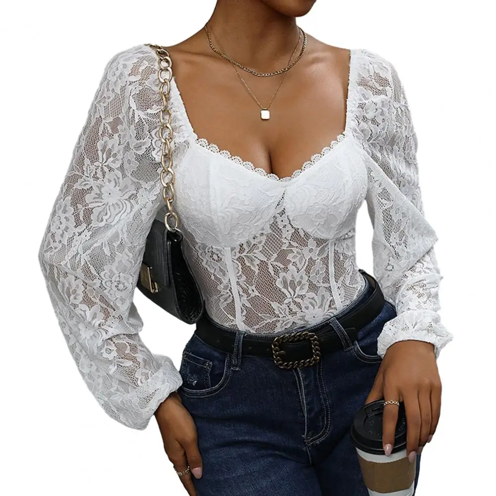 Lightweight Romper Elegant V Neck Lace Patchwork Romper with Flower Embroidery Hollow Out Detail for Women Slim Fit Long Sleeve