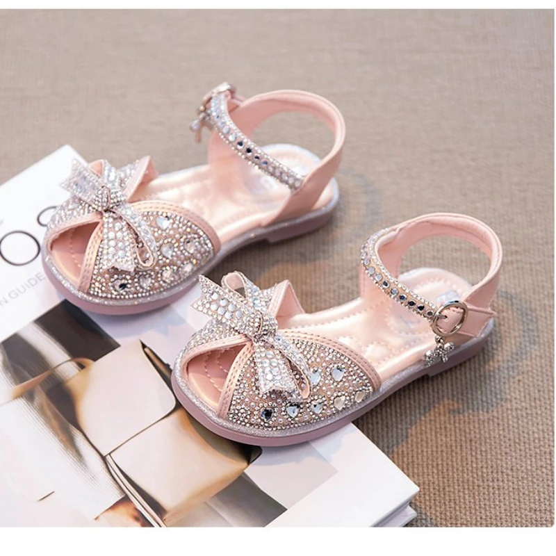 Silver/Pink/Beige Girls' Close Toe Fashion Sandals with Pearl Bow Tie, 2024 Summer New Fashion PU Princess Sandals, Size 23-34