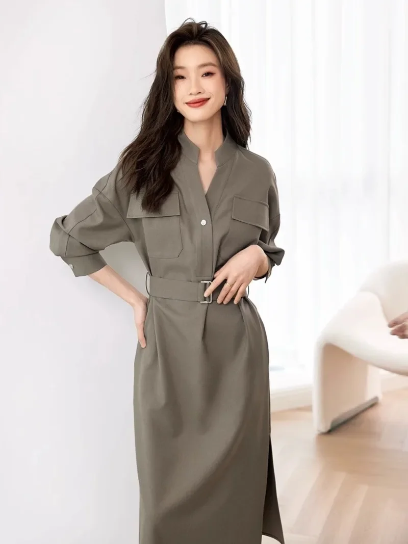 ชุดเดรสคอวี cewek seksi เข้ารูปสำหรับผู้หญิง, เดรสลูกไม้กระดุมแถวเดียวแขนยาวเสื้อสำหรับใส่ในฤดูใบไม้ร่วง