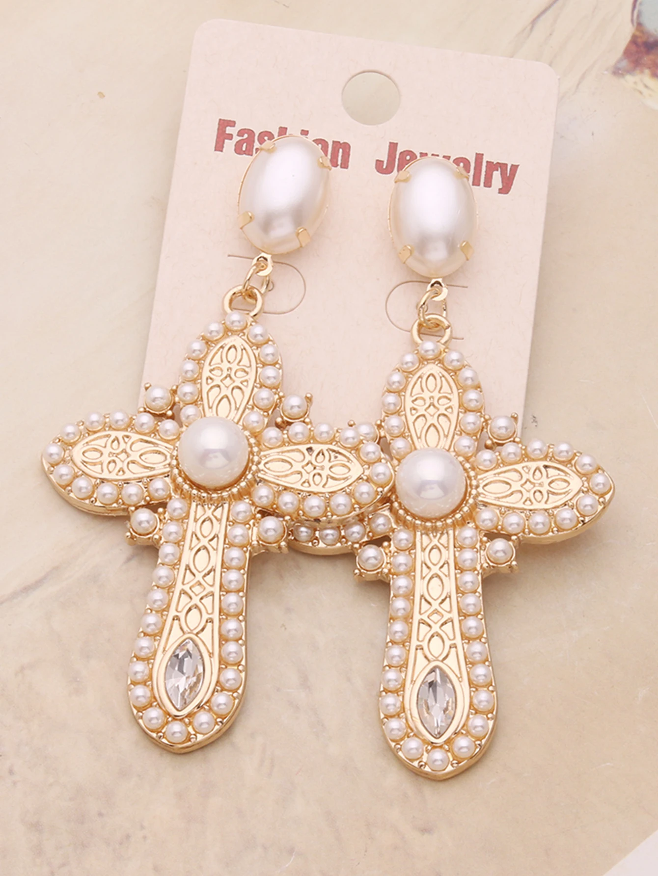 Middle Eastern women\'s retro pearl glass cross earrings, holiday party Ramadan earrings