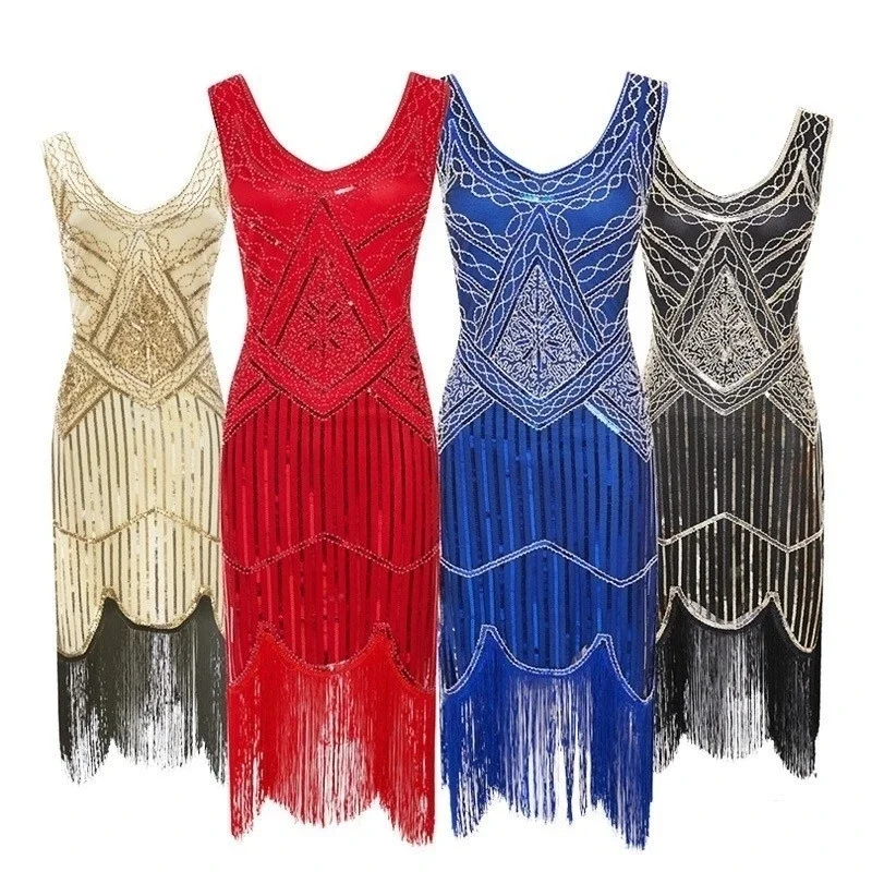 

V-Neck Tassels Bodycon Beaded Party Dress Flapper Dresses Art Deco Double Women 1921 S Vintage Great Gatsby Dress Sequins Dress