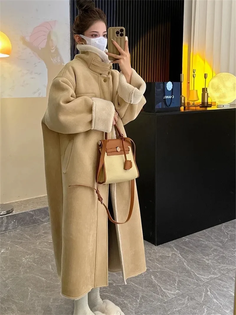 2023 New Extra Large 300 Jin Autumn/Winter New Thickened Women\'s Long Motorcycle Coat Women\'s Loose Casual Fur One Piece Coat