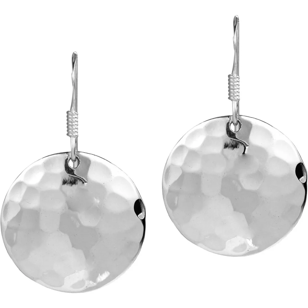 

Round Hammered Texture Disc Sterling Silver Dangle Earrings Bohemian Style Lightweight Drop Artisan Jewelry