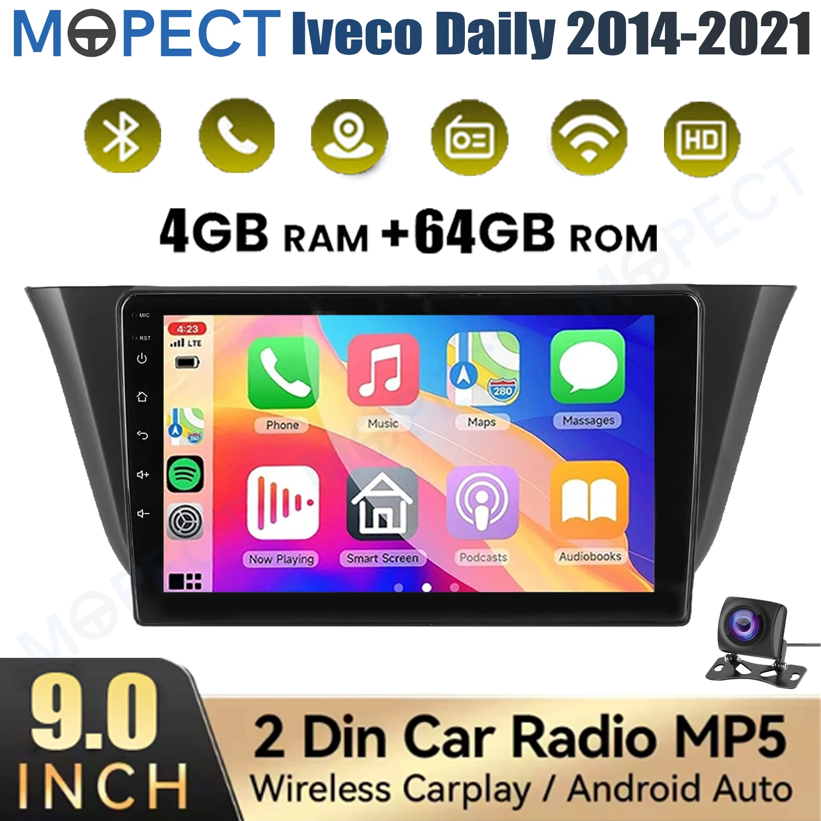 MOPECT 9" Android 15 4+64G voor Iveco Daily 2014-2021 WiFi CarPlay GPS Navigatie Head Unit Bluetooth AM/FM Touchscreen+DAB+DVR&Camera