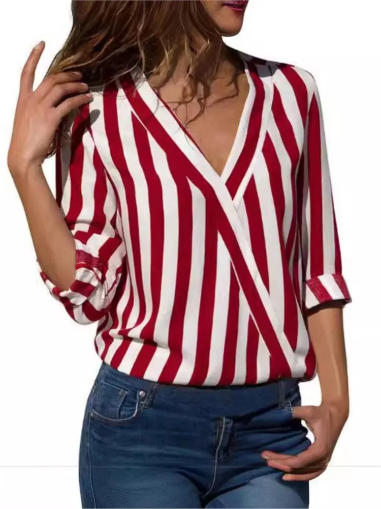 Spring Autumn Women's New Long Sleeve Sexy V-neck Fashion Stripe Printed Women's Irregular Shirt Casual Comfortable Top