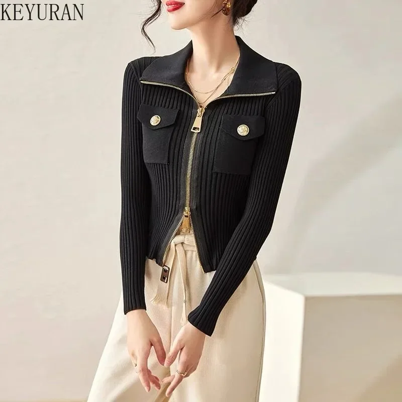 2023 Autumn Black Slim Double Zipper Knitted Cardigan Sweater Coat Women Korean Fashion Pull Femme Knitwear Crop Top Y2k Jumper