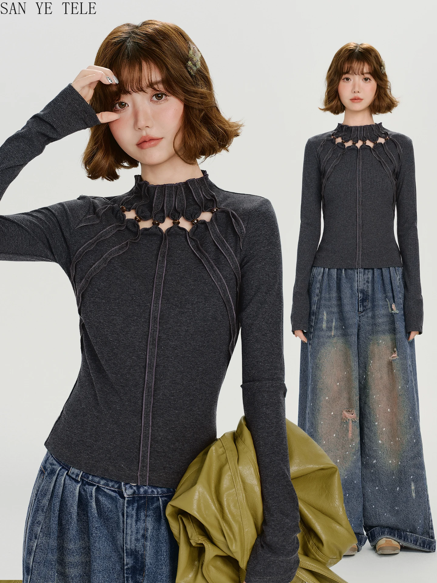 

Slim High Collar Hollow Out Top Women Faionable Breathable Long-Sve T-shirt Autumn Fashion Elegant Design Turtleneck New