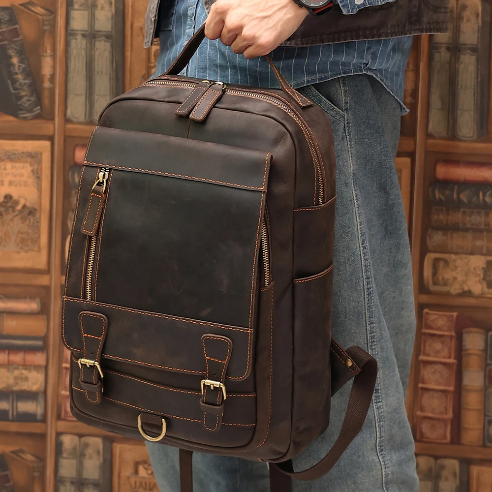 Crazy Horse  Business Computer Male Backpack Outdoor Travel Bag Vintage Genuine Leather Men's Backpack