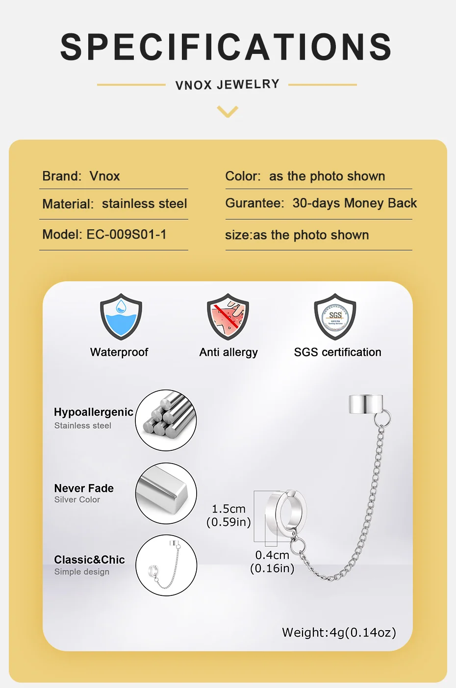 Vnox Edelstahl-Ohrringe mit geometrischer Kette für nicht durchbohrte oder durchstochene Ohren, silberfarbener Clip-On-Ohrmanschettenring, Unisex-Schmuck, neu – Detail 4