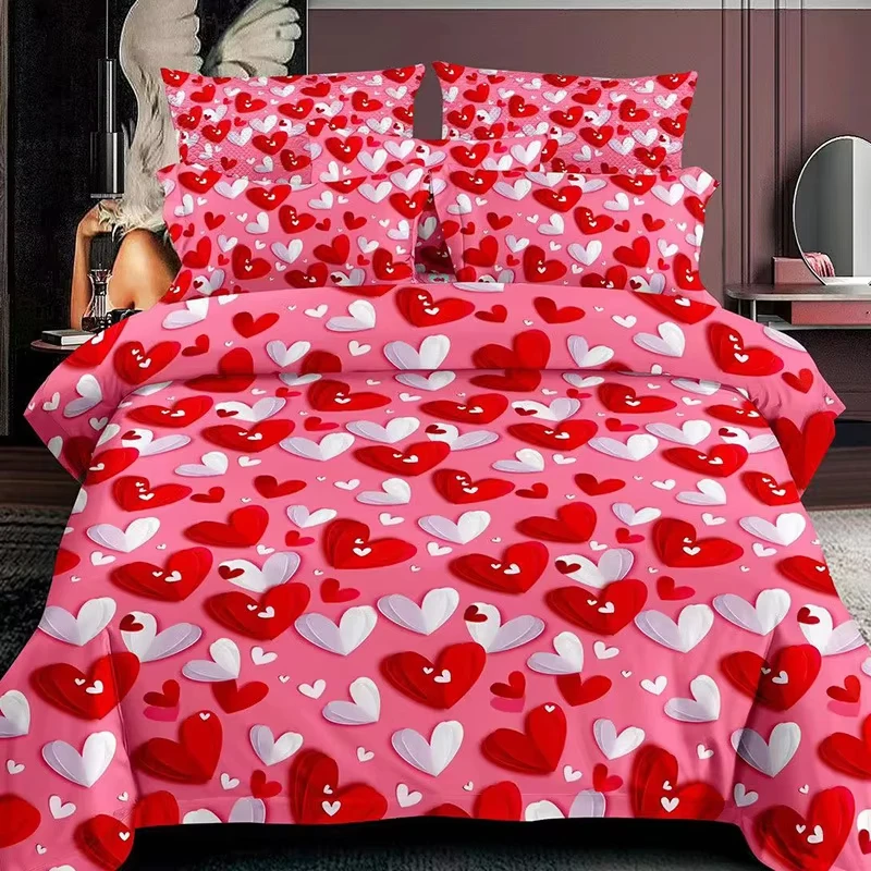 Romantic Love Hearts Bedding Set Twin Queen Girly Kawaii Comforter Cover Cartoon Cute Hearts Duvet Cover Girls Women Room Decor