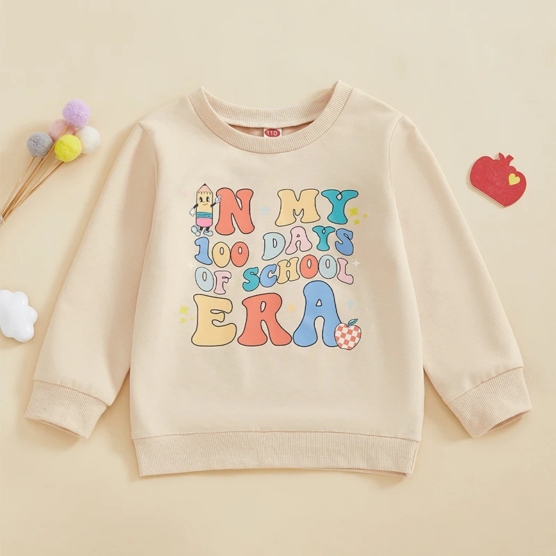 

Kids Autumn Hoodie Pullover Sweater Round Neck 100th Day Celebration Printed Cozy Stylish Casual Shirt Top