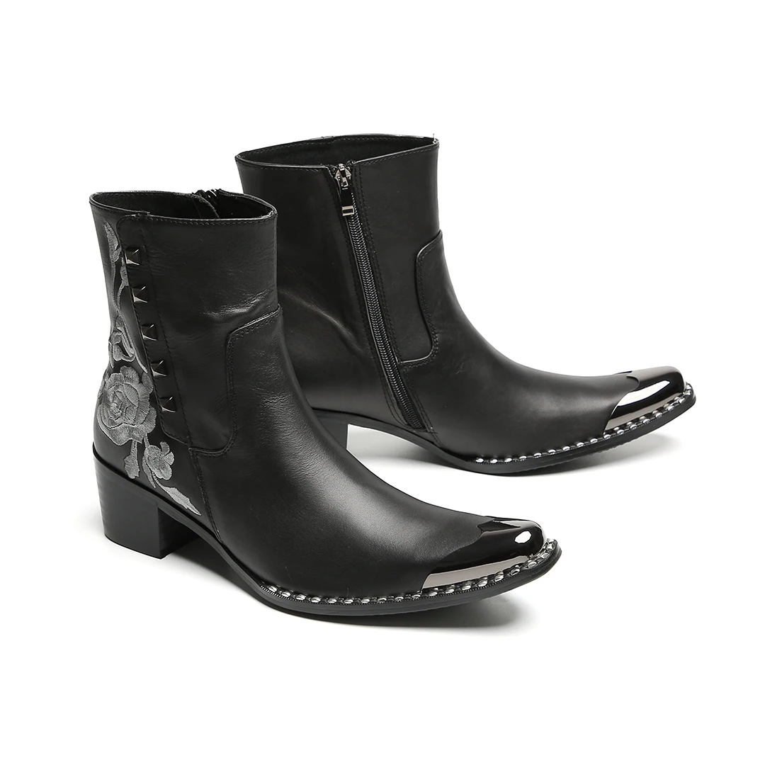 Herbst-Winter-Neue rote bestickte Stiefeletten für Herren, coole Metallkappe mit Nieten, Retro-Muster, seitlicher Reißverschluss, klobiger Absatz, modisch – Detail 15