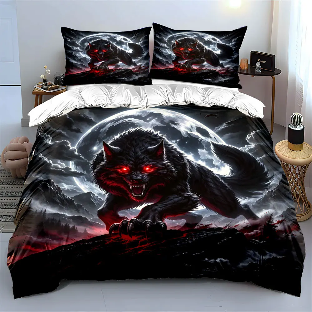 Howling Wolf Moon Background Print Bedding Set 1 Duvet Cover 2 Pillowcases for Adult and Children Luxury Gift Full Size