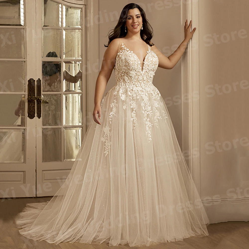

Luxurious A Line Women's Wedding Dresses V Neck Backless Vestidos Boda Bride Gowns Customized Lace Appliques Vestidos De Novia