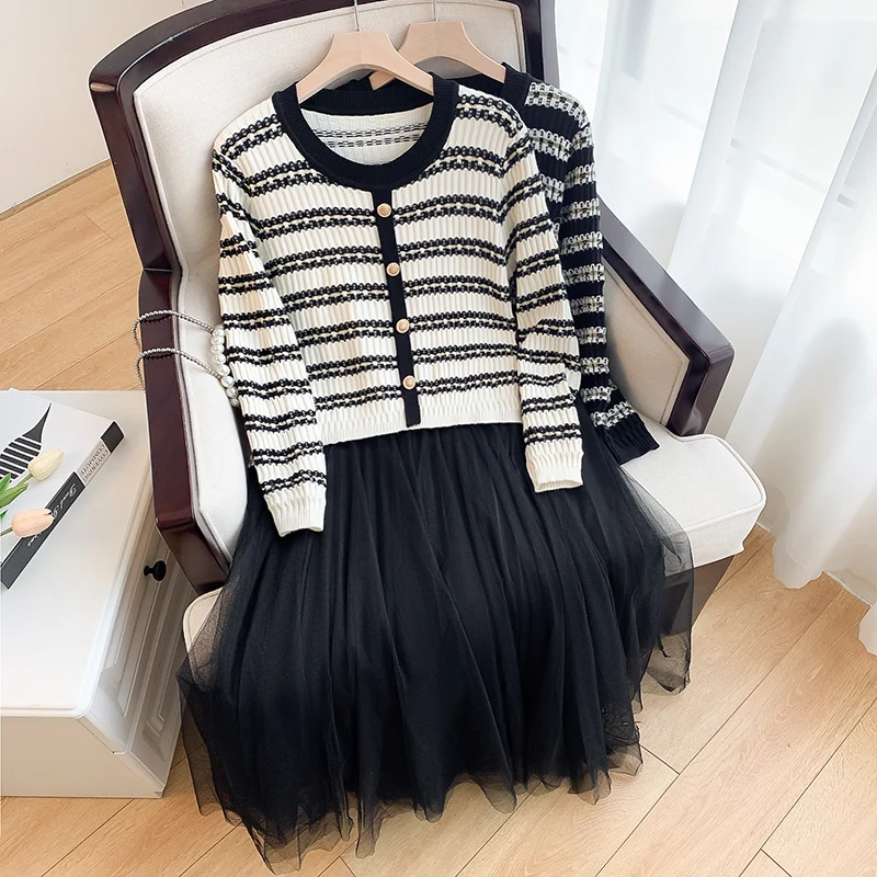 

Fake Two Piece Dress Women Elegant Single Breasted Stripe Knitted Patchwork Lrregular Mesh Dresses Ladies Vintage Midi Dress