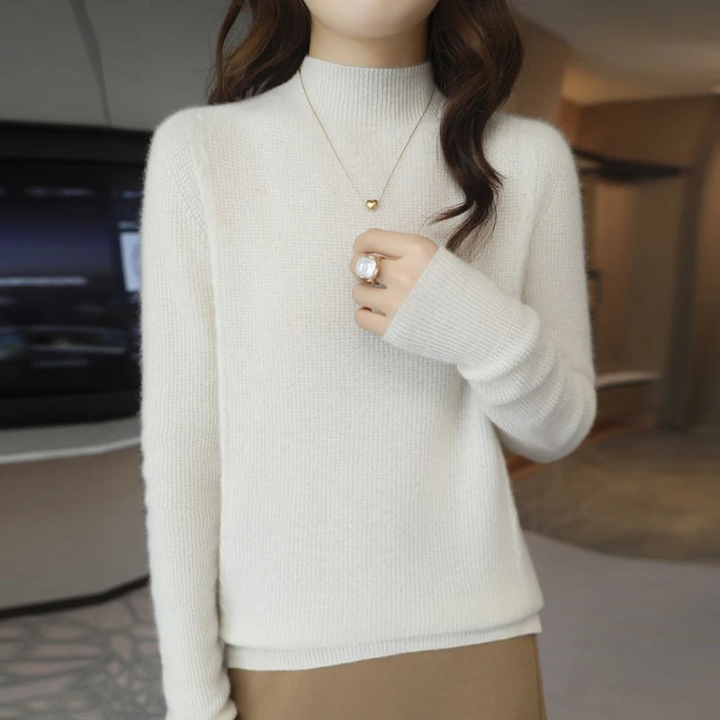 Autumn and winter new women's sweater 100% Merino wool half turtleneck jumper fashion light luxury CHIC warm bottom knit shirt