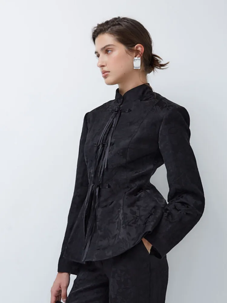 DFDG DFDG Women 2026 Spring Jacquard Jacket Mandarin Collar Frog Button Tie Waist Slim Fit Elegant Chinese Style Outerwear Coat