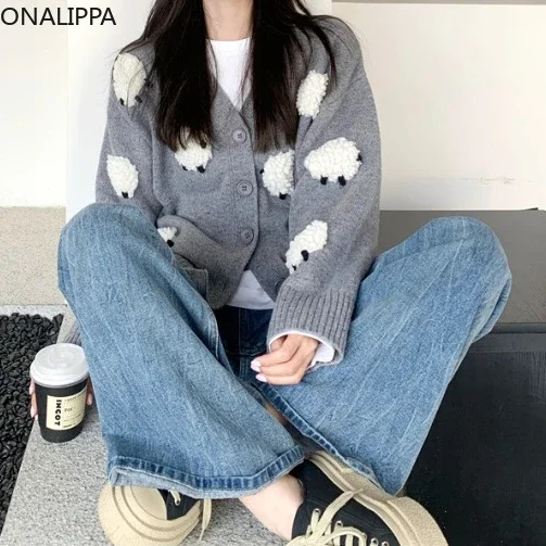 Onalippa Kawaii Cartoon Contrast Casual Knitted Cardigan V Neck Single Breasted Loose Cardigans Korean Chic Design Sweaters