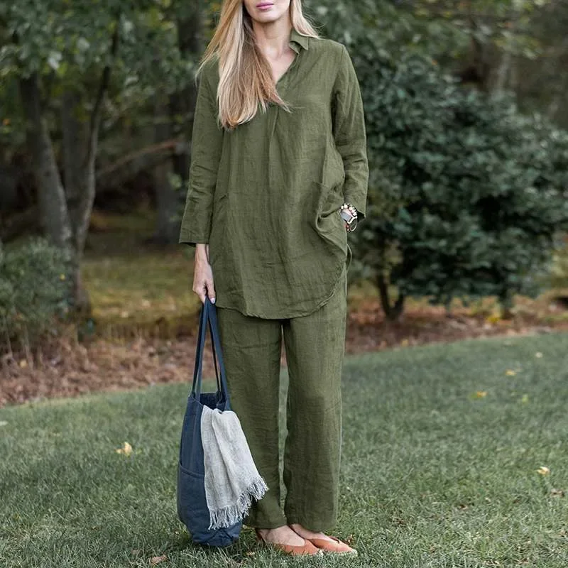 Conjuntos de vestidos para mujer, camisa holgada de manga larga con solapa, pantalones de pierna ancha, traje Retro informal elegante de Color sólido