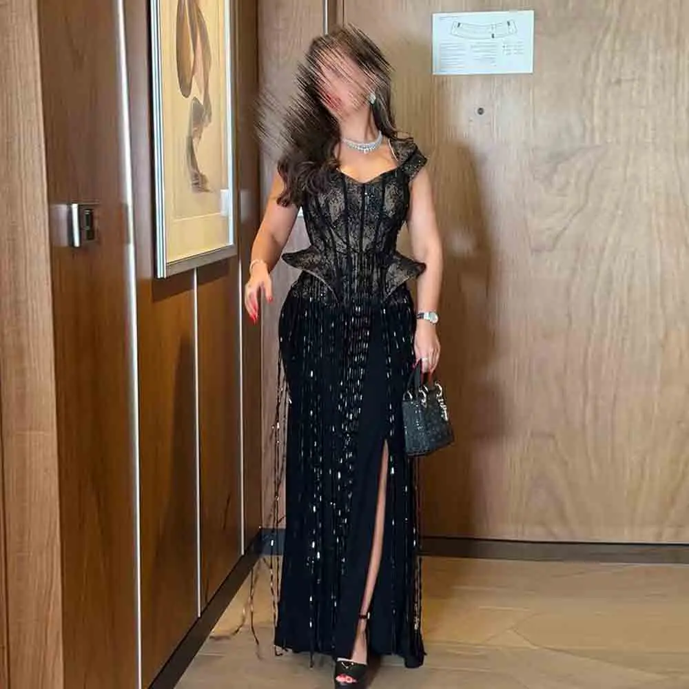 Customized Beading Tassel Prom Dress Sweetheart Cape Sleeve Wedding Party Gown with Split Black Corset Formal Cocktail Dresses