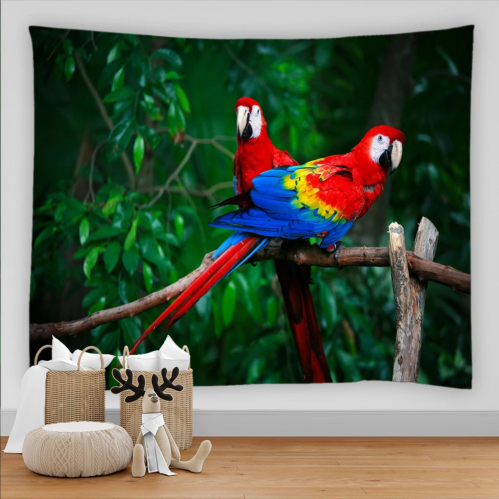 3D Print Parrot Bird Tapestry Green Plant Leaves Wall Hanging Art Asthetic Kawaii Room Accessori Home Decor Bedroom Cute Blanket