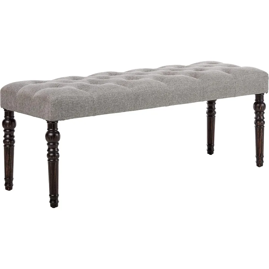Roundhill Furniture Leviton Fabric Tufted Turned Leg Dining Bench gray
