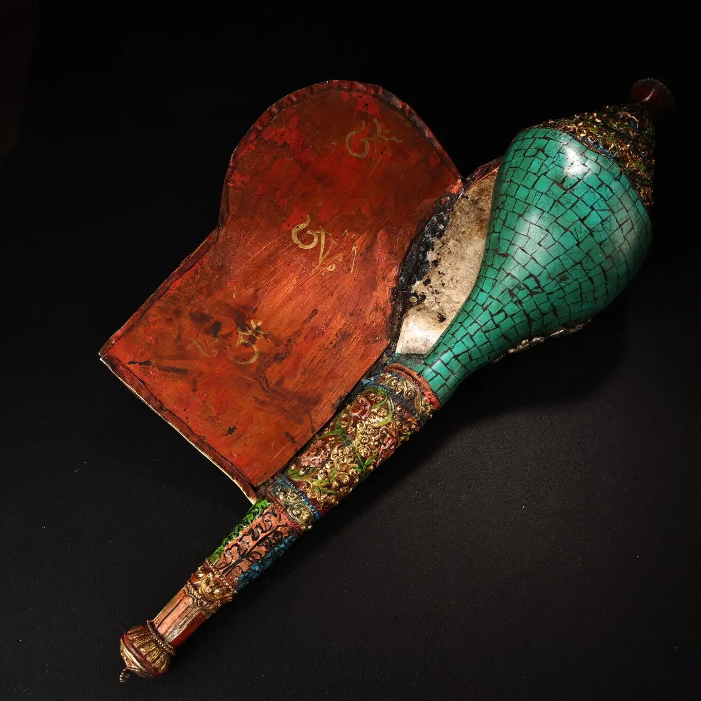 Nepal Pure Copper Eight Auspicious Symbols Dharma Conch Gem Inlaid Painted Ritual Decor
