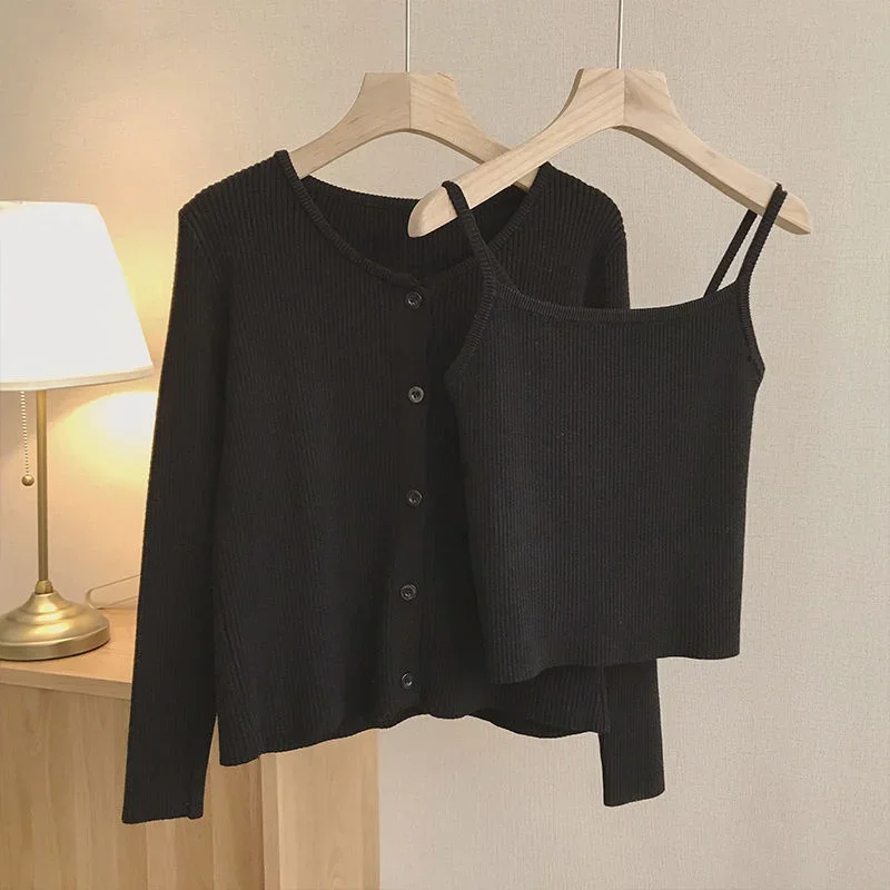 Conjunto de dos piezas para mujer, traje informal con camisola de tirantes, cárdigan de punto, chaqueta ajustada, conjuntos de 2 piezas sólidos a la moda, primavera 2022, V1332