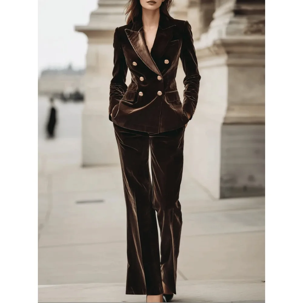 

High-end brown velvet two-piece suit for autumn and winter, featuring a blazer with gold buttons paired with trousers, the first