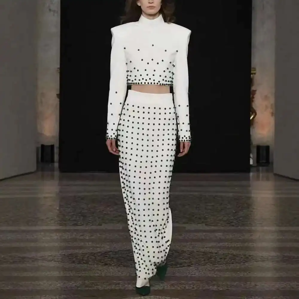 

Luxury 2025 Spring Beading Two Piece Matching Set For Women Zipper Pearls Jackets Long Pencil Skirts 2pcs Outfits Cropped Tops