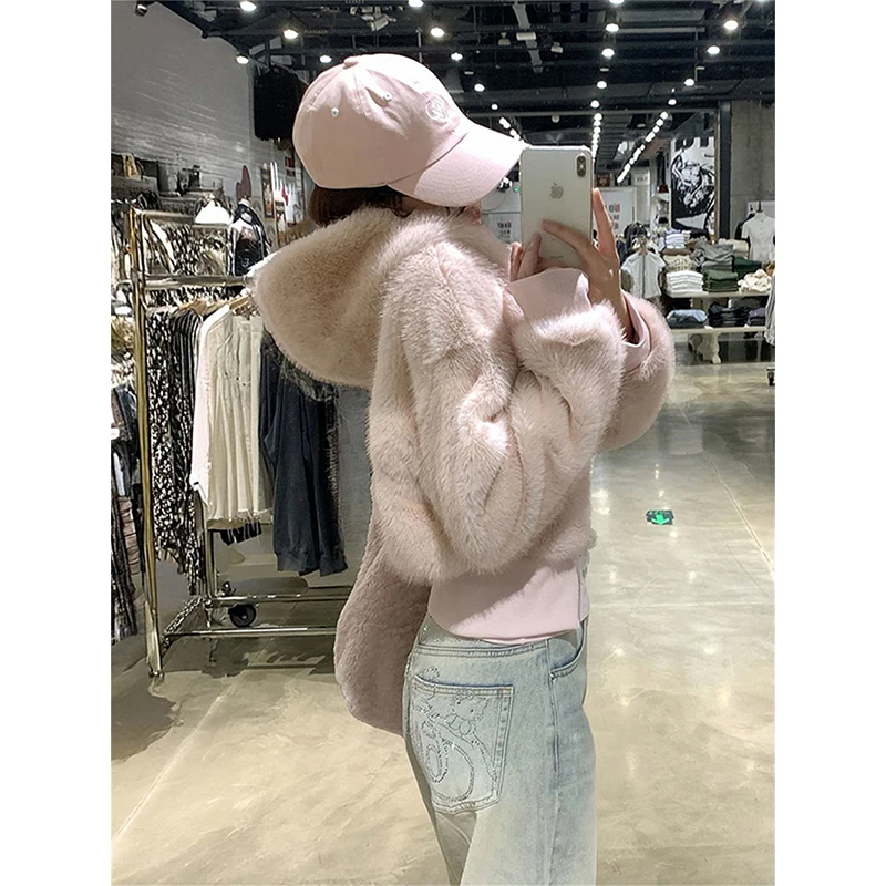 MEXZT Kawaii الوردي هوديس المرأة Harajuku Cutecore اقتصاص الصوف قمصان سويت شيرت بقلنسوة الشتاء موضة الشارع الشهير سستة جاكيتات جديد