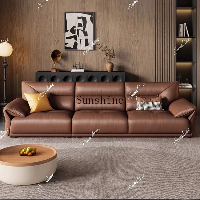 Italian minimalist leather sofa living room small apartment three people straight rowP
