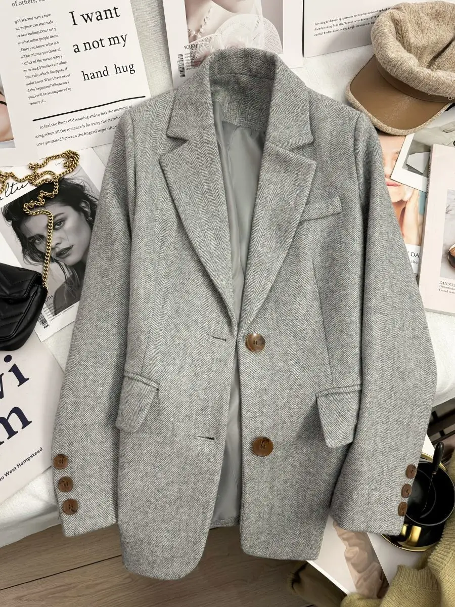 Grey Herringbone Pattern Woolen Suit Jacket Women 2025 New Autumn Winter Retro Commuting Casual Chic Top Female Single Breasted
