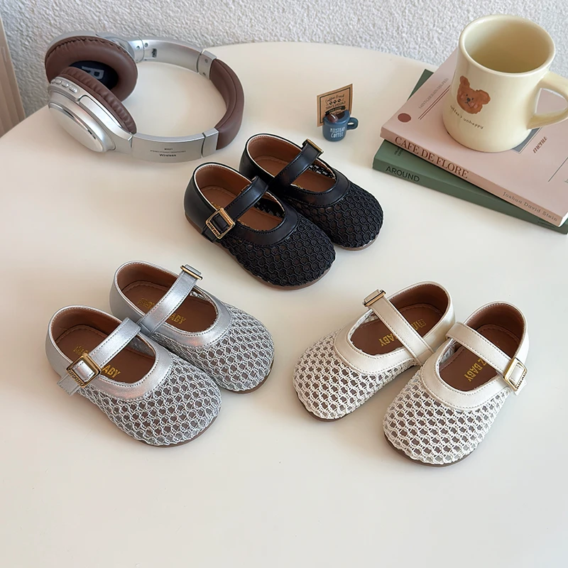 

Summer Girl's Sandals Net Fabric Solid Color Breathable Flat Children Sliders Hook-loop Cover Toe Daily Leisure Kids Shoes 21-30