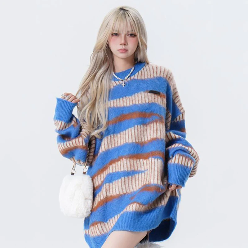 Harajuku Streetwear Oversized Stripe Sweater Women Goth Punk Long Sleeve Knitted Pullover Woman Autumn Winter Warm Jumper Mujer