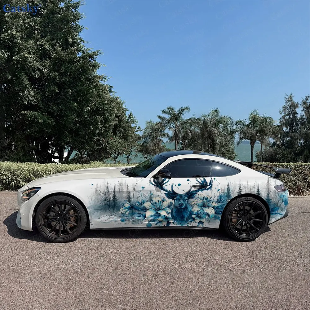 

2pcs Teal Floral Forest Deer Car Side Wraps, Self-Adhesive PVC Waterproof & Scratch-Resistant Stickers, Car Accessory Gift
