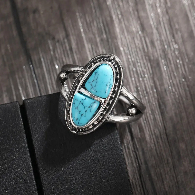 Bohemian Ethnic Style Geometric Natural Turquoise Ring for Women New Personalized Design Rings Vintage Jewelry Accessories Gifts