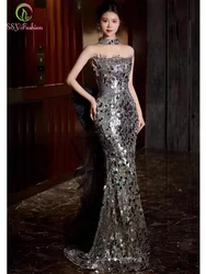 Customized  Sexy Silver Sequins Mermaid Evening Dress Strapless Luxury Sparkling Slim Fishtail Prom Party Gown Vestido De Fiesta