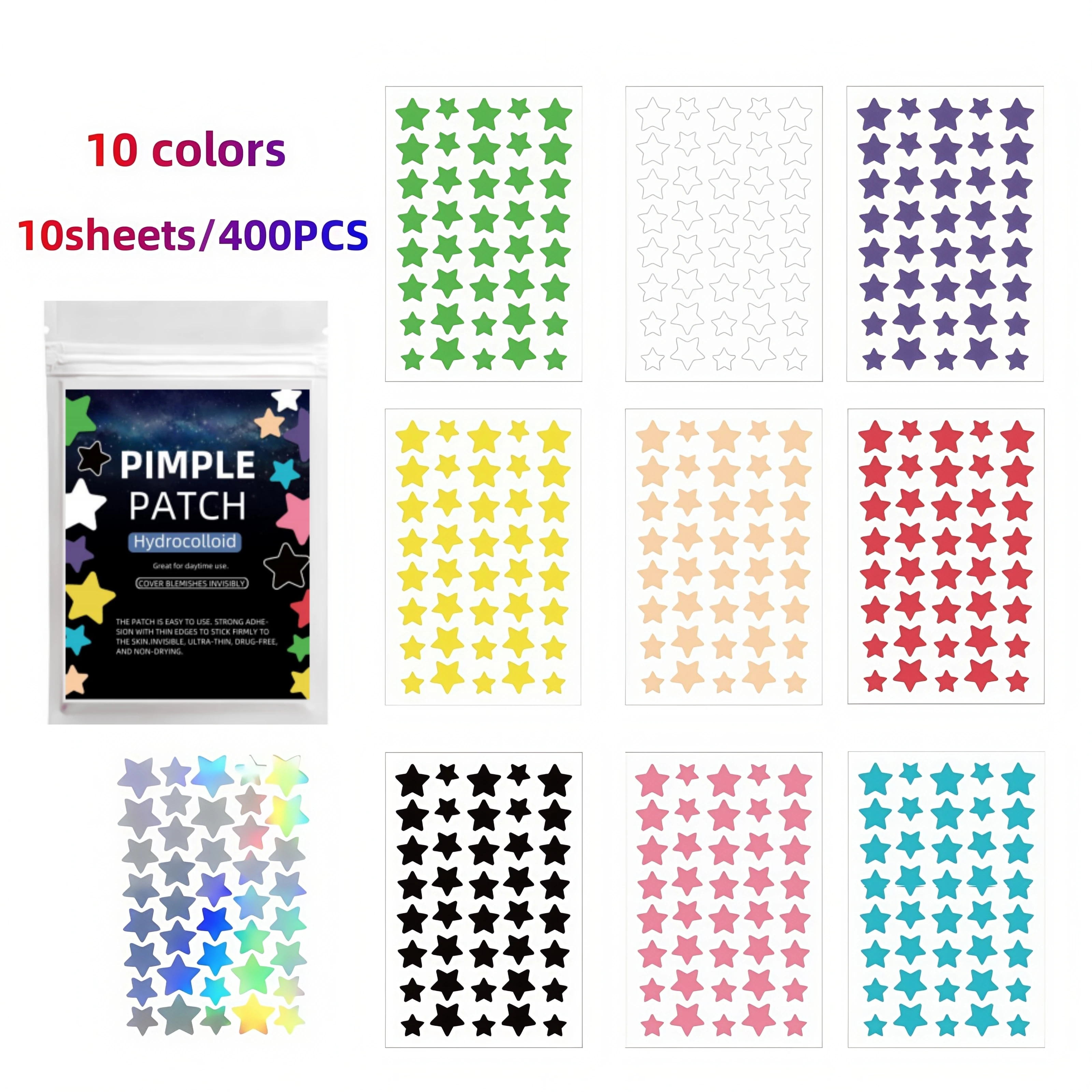 400-800PCS 10 Color Star Acne Patches Hydrocolloid Invisible Blemish Stickers Waterproof Portable Facial Skin Care For Girls