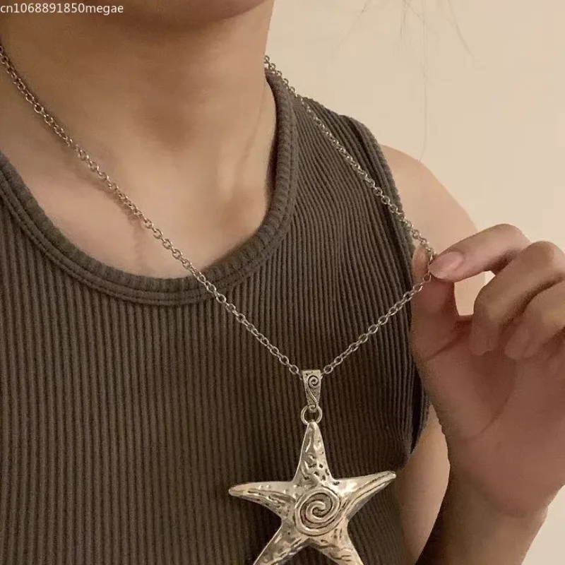 القوطية الهيب هوب فضي اللون الخماسي ستار سلسلة قلادة Y2K مجوهرات مبالغ فيها المعادن الكبيرة نجم البحر قلادة قلادة #6