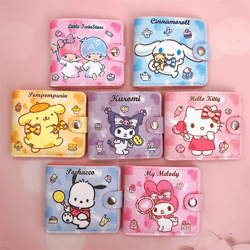 New Kawaii Hello Kitty Cinnamoroll My Melody Kuromi Sanrios New Pu Casual Money Bag Coin Wallet with Buttons Purse Card Holder