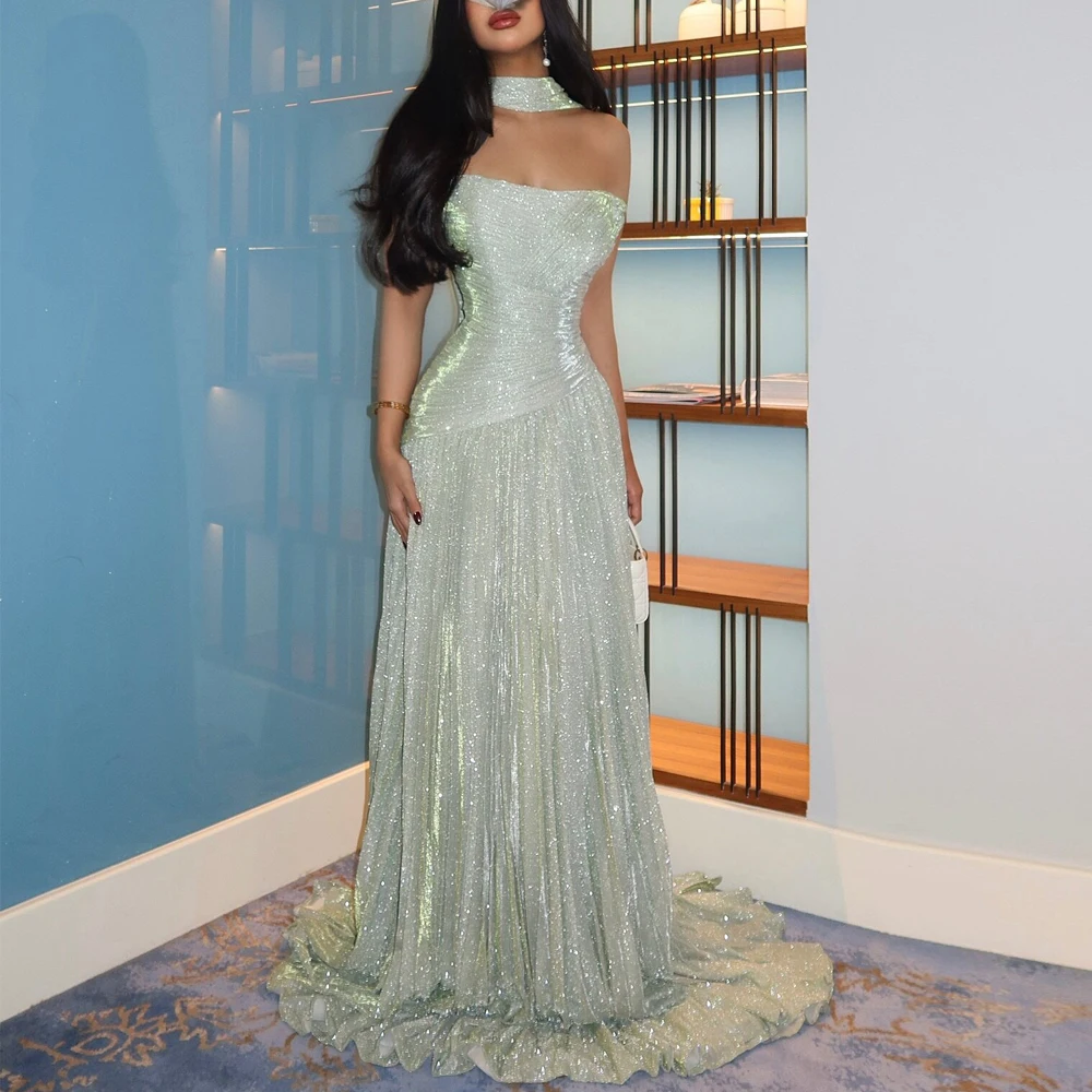 

Customized Shiny Strapless A Line Evening Dress with Scarf Pleated Long Wedding Guest Dresses Droped Semi Formal Gown