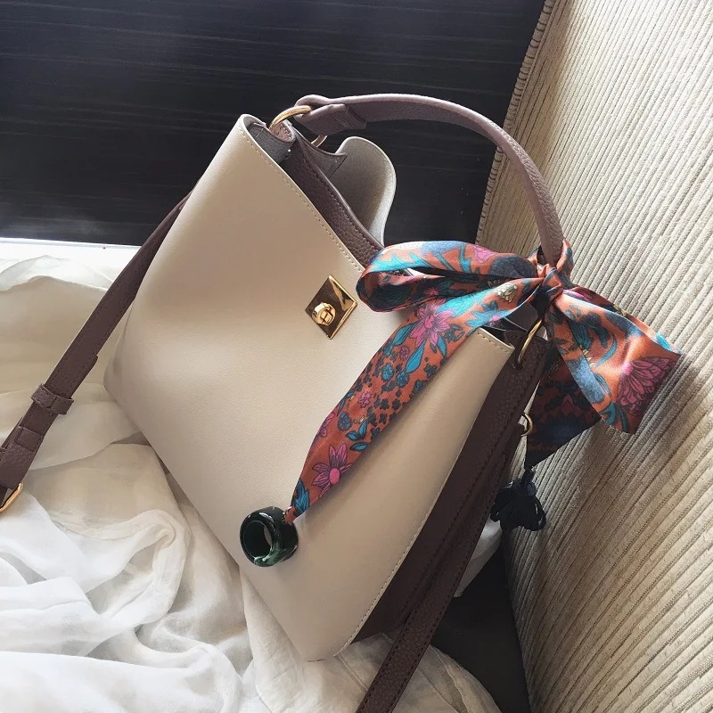 Bag female  new trendy fashion casual hit color bucket bag simple shoulder messenger bag silk scarf handbag hand bags