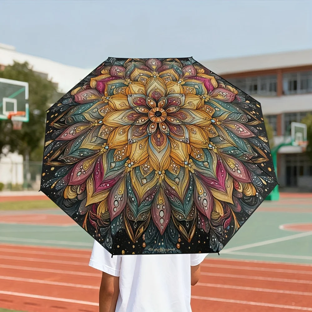 

1pc Open/Close Mandala Parasol - Blocking Compact Folding Umbrella with 8-Rib Sturdy Frame, Golden/Green/Purple/Black/White/Te