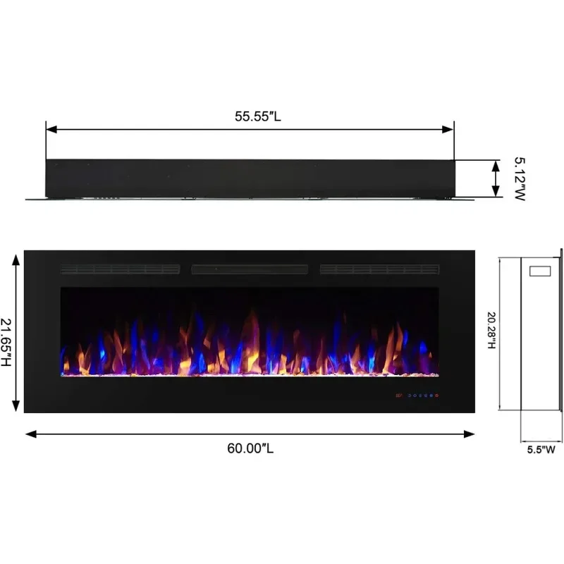 60" Recessed Electric Fireplace Insert, 5 Flame Settings, Log Set or Crystal Options Temperature Control by Touch Panel & Remote