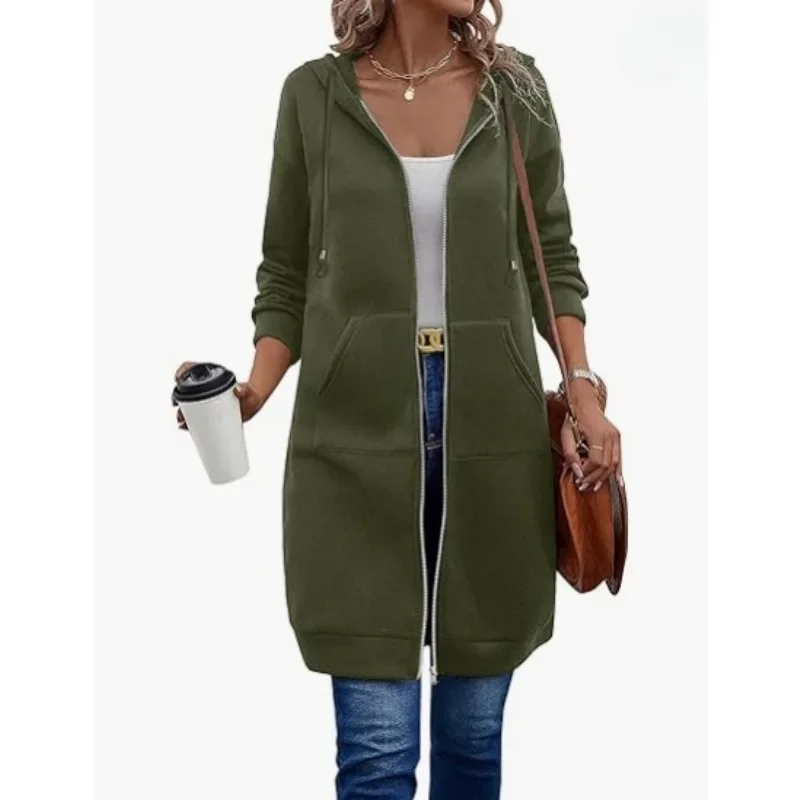 Autumn and Winter Casual Drawstring Hooded Long Sleeve Jacket Full Zip Up Womens Long Hoodies Fashion Sweatshirt with Pockets
