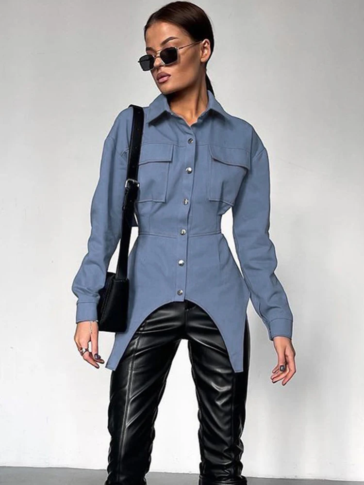 Aynaray 2023 Autumn Winter Women Fashion Solid Blue Shirt Long Sleeve Slim Bodycon Blouse For Women